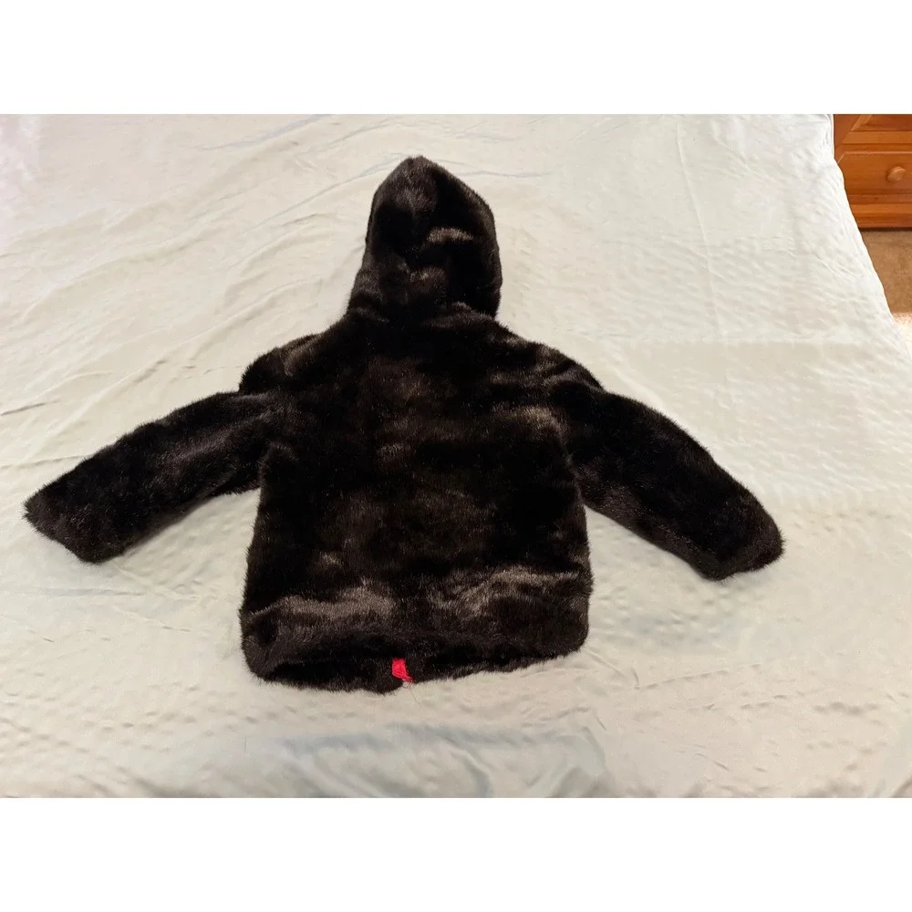 Gap Kids Faux Fur Hooded Jacket Dark Brown Red Lining Size S 5-6 Full Zip